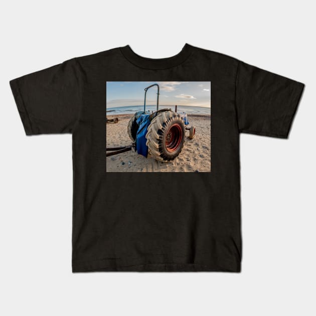 Closeup fisheye view of a tractor used for crab fishing on Cromer beach Kids T-Shirt by yackers1